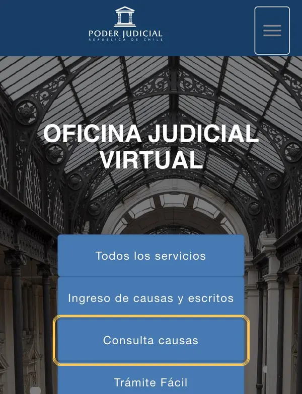 Inicio de la Oficina Judicial Virtual, con el botón «Consulta causas» marcado.