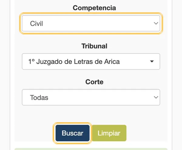La competencia «Civil» elegida y el botón «Buscar» marcados.